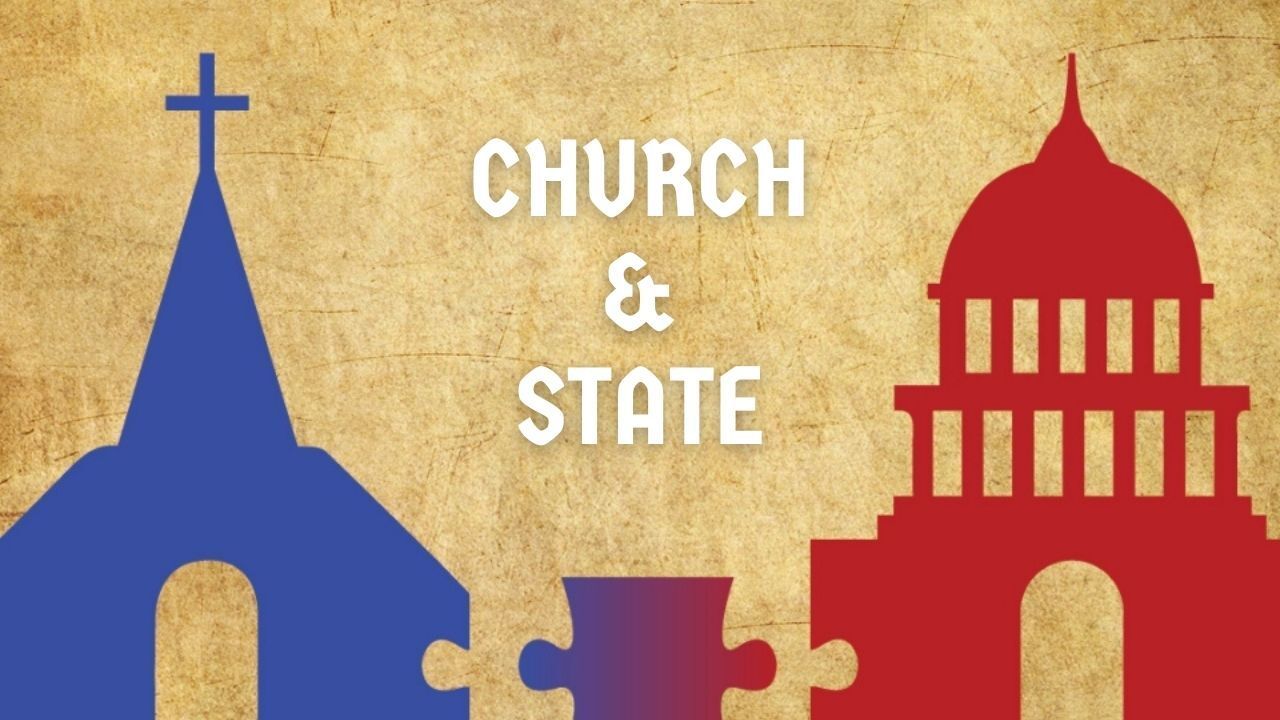 A poster showing a church and a state building