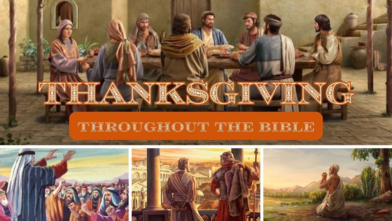 A group of people are sitting around a table with the words thanksgiving written above them.