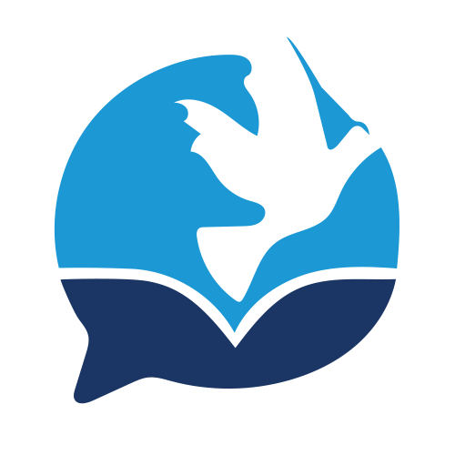 A blue circle with a bird and a book inside of it.