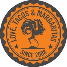 Round orange logo with rooster, text