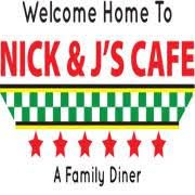 Nick & J's Cafe logo. Red text on white, checkered green and yellow border, red stars, reads
