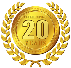 Gold Celebrating 20 Years badge with a laurel wreath
