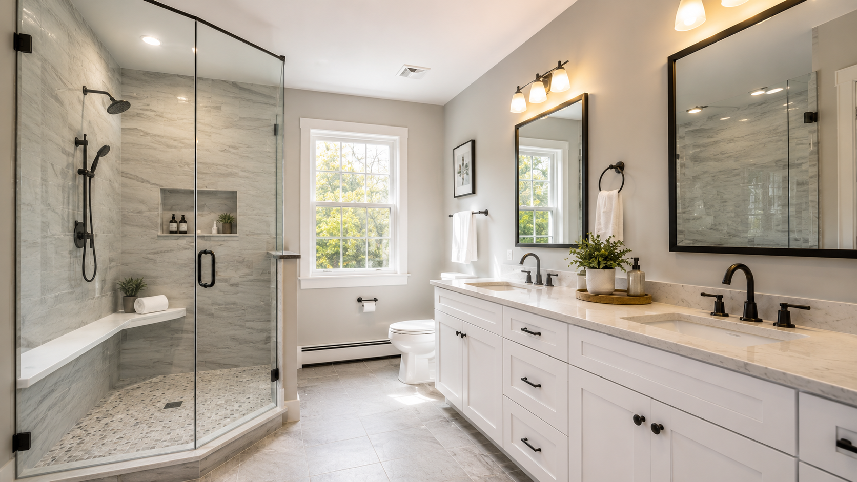 A clean, modern bathroom remodel with a walk-in shower, white vanity, and tile flooring.