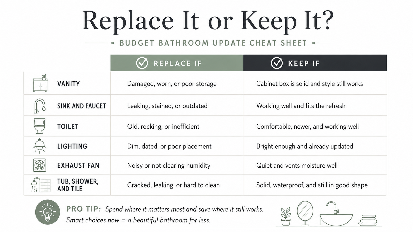 Bathroom remodel cheat sheet showing what to replace or keep during a budget bathroom update