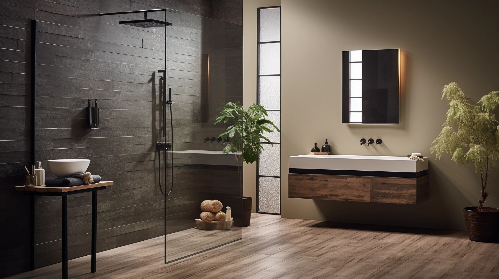 waterfall shower head in walk in shower