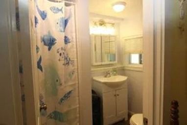 Bathroom with a blue fish shower curtain, sink, mirror, and small window.