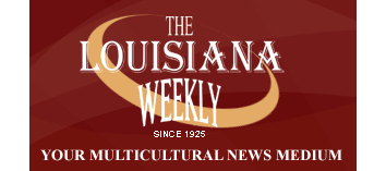Logo for The Louisiana Weekly in white on a red background, with “Your multicultural news medium” below