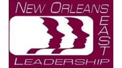 New Orleans East Leadership logo with maroon silhouettes and text on a white rectangle
