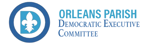 Orleans Parish Democratic Executive Committee logo with blue circle and fleur-de-lis icon
