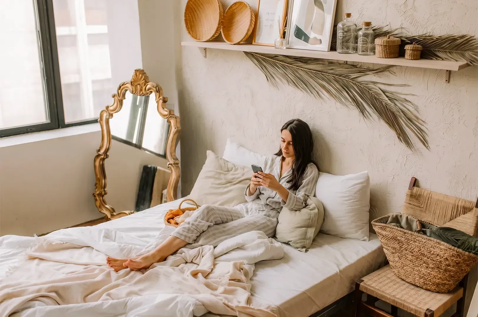 A woman laying on a white bed on her phone with the covers slightly ruffled up, bright sunlight shin