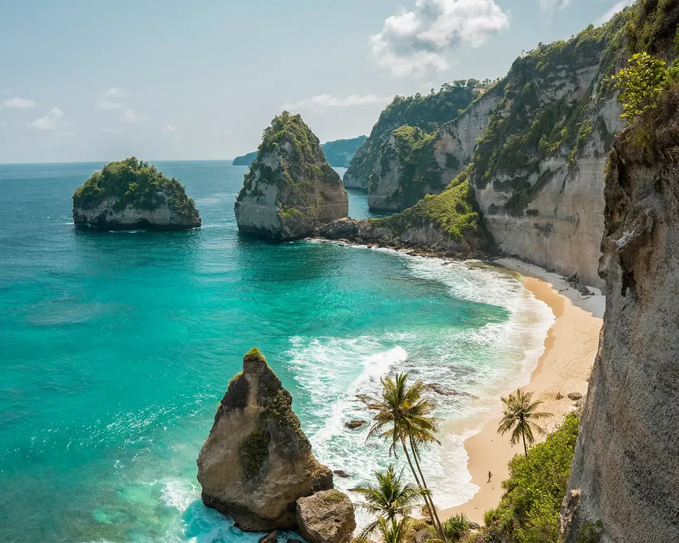 Scenic coastal view with turquoise water, rugged cliffs, and small sandy beach fringed by palm trees. Large sea stacks rise from the ocean. Serene and tropical.