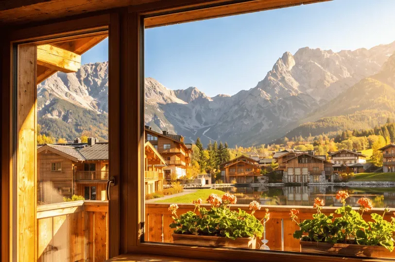 A view through a wooden window frame overlooking a serene alpine village with traditional chalets re