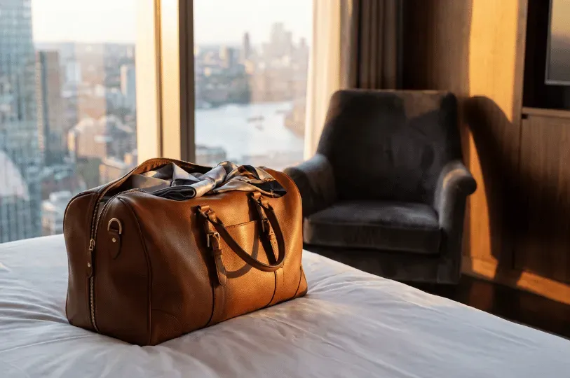 A partially packed brown leather weekender bag resting on a white hotel bed, bathed in the warm, gol