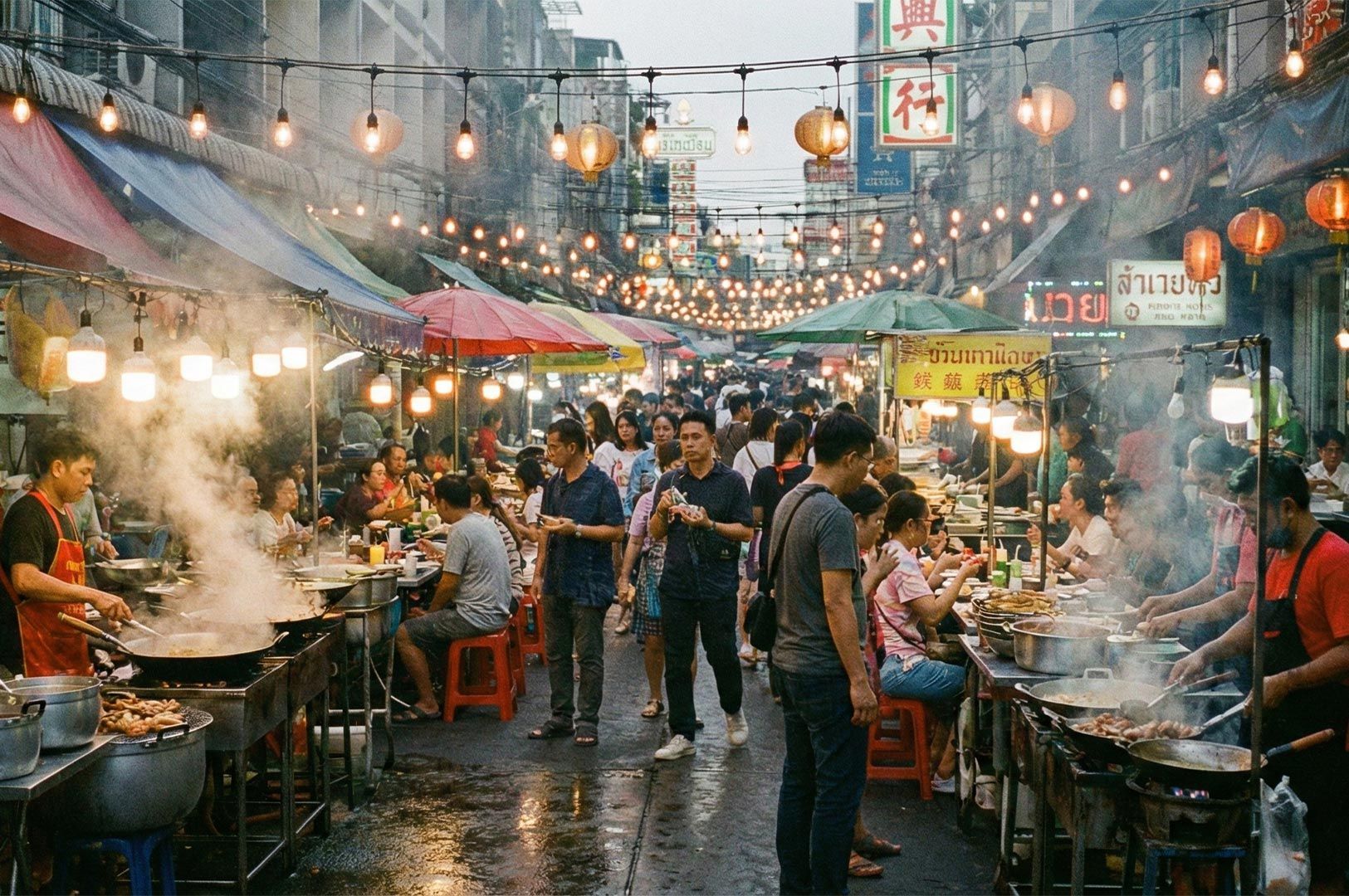 A bustling night market scene in Bangkok's Chinatown