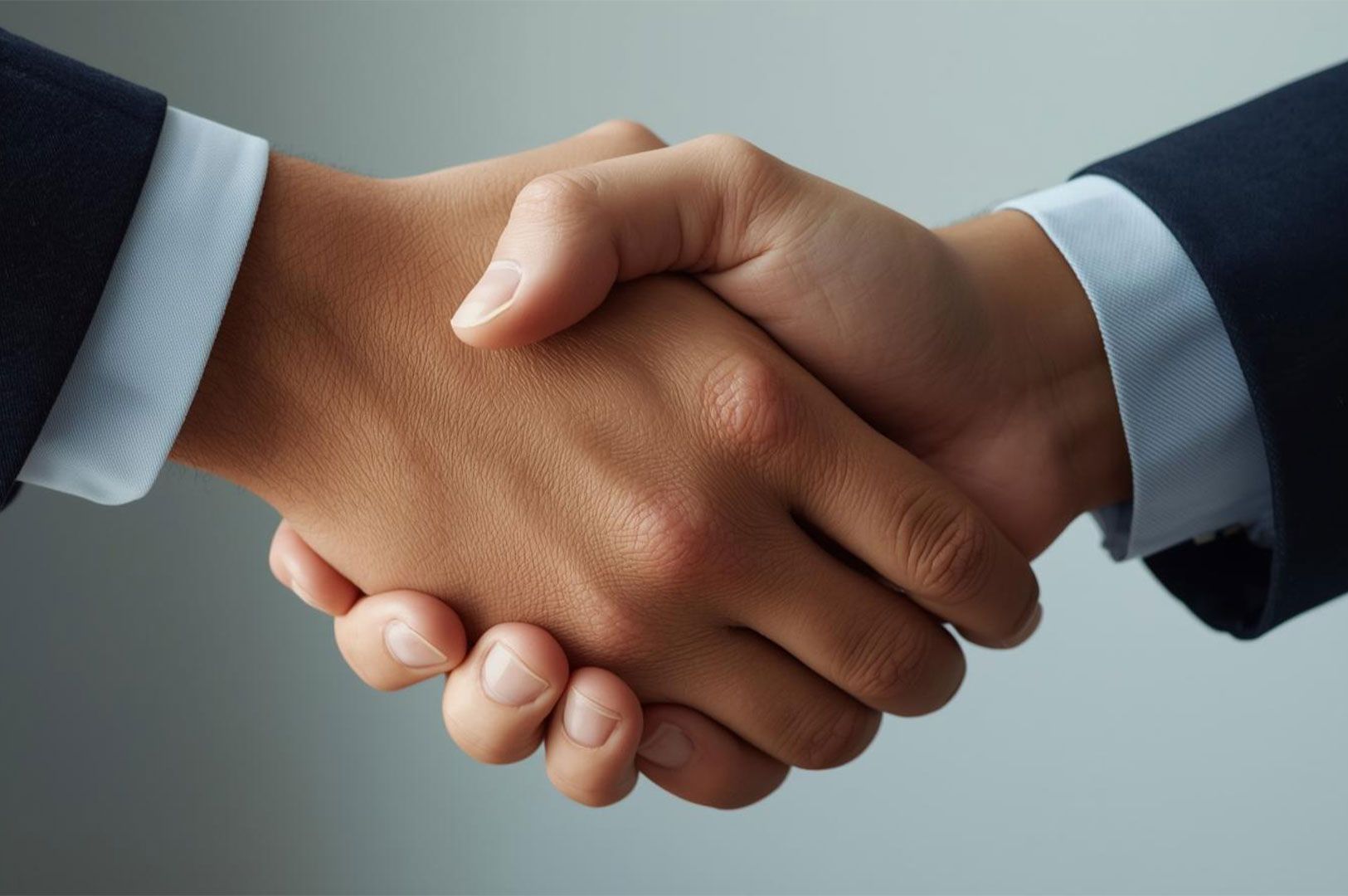Close-up of two business professionals in dark suits shaking hands to confirm a deal, symbolizing ag