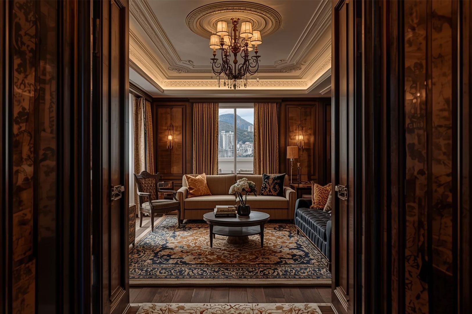 An opulent hotel suite living room featuring dark wood paneling, a patterned oriental rug, an elaborate chandelier, and a view of a city landscape from the window.