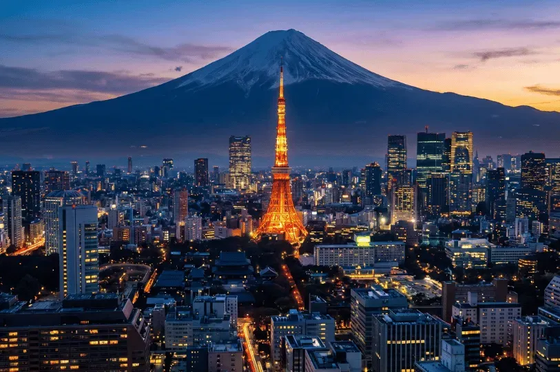 A sprawling, illuminated Tokyo cityscape at dawn with the brightly lit orange Tokyo Tower in the cen