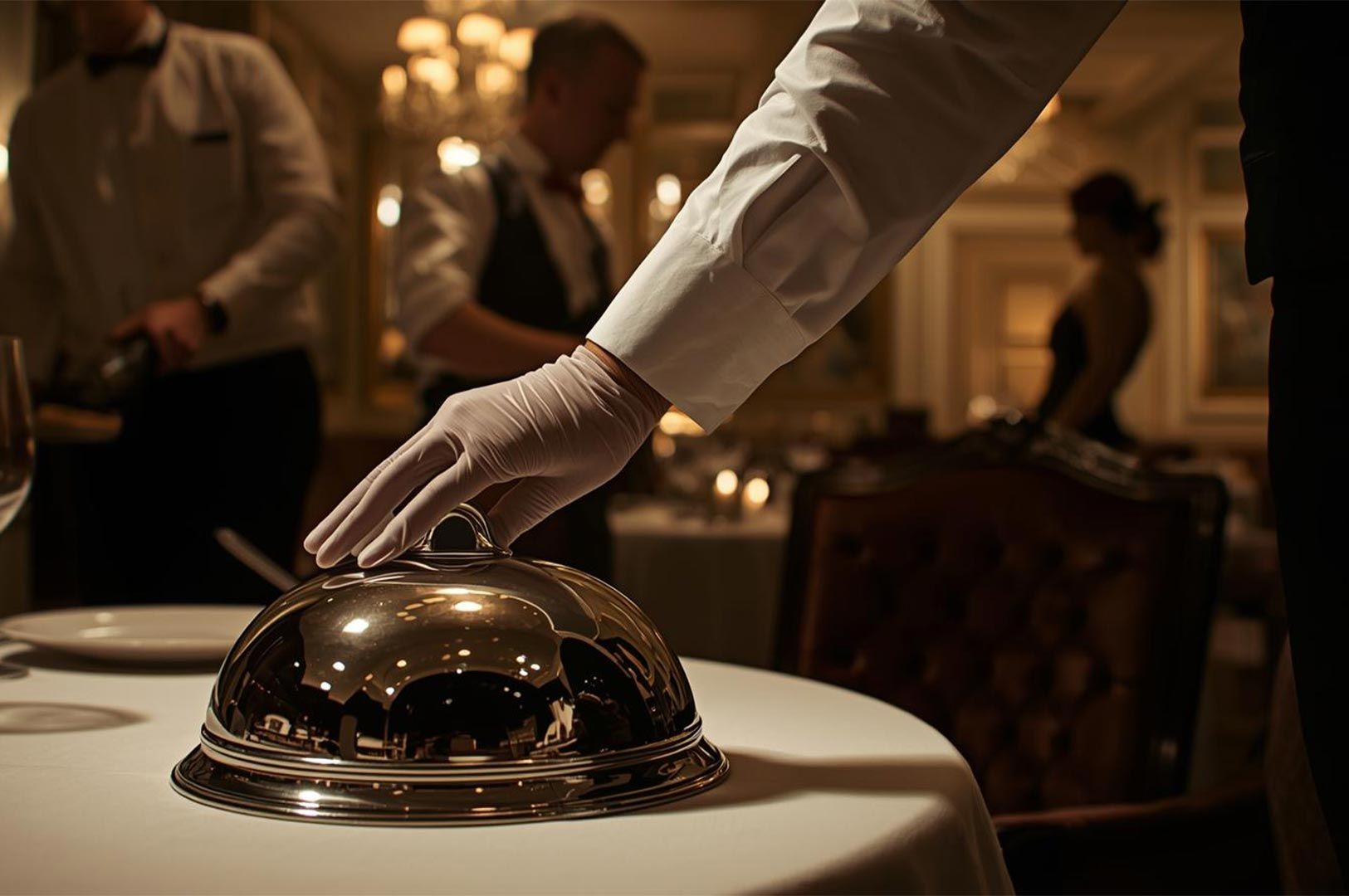 A professional server in a luxury restaurant wearing white gloves, placing a polished silver cloche 
