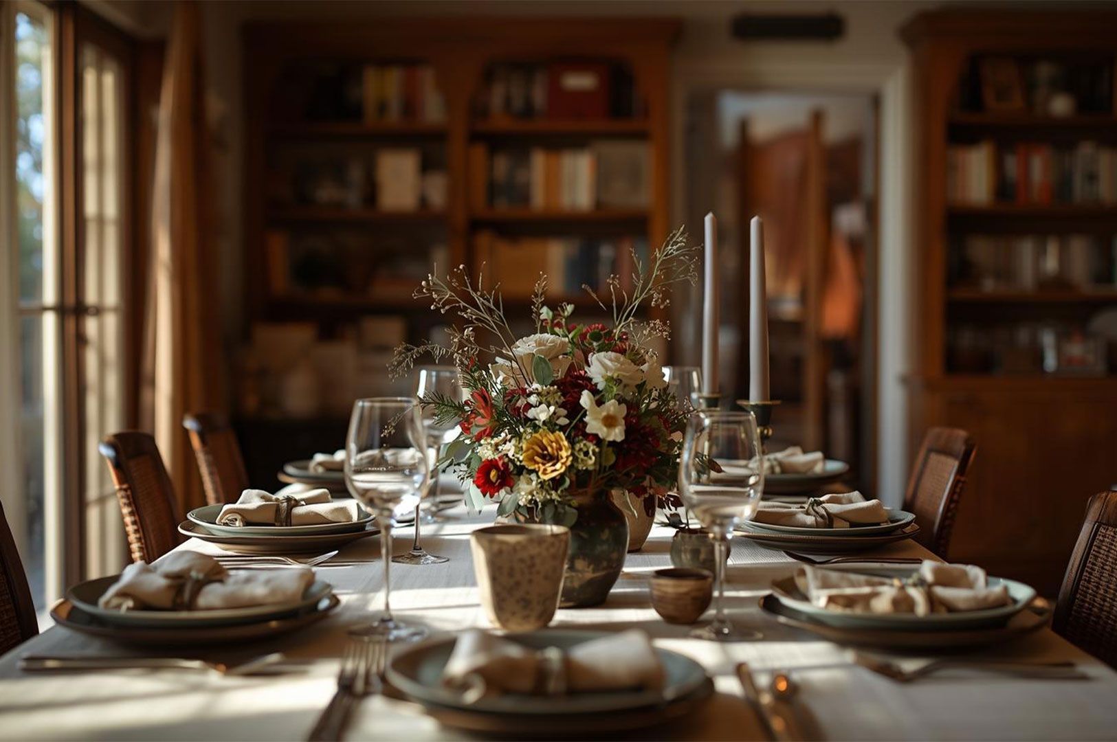 Elegant, sunlit dining table set with plates, wine glasses, and a floral centerpiece, with blurred, 