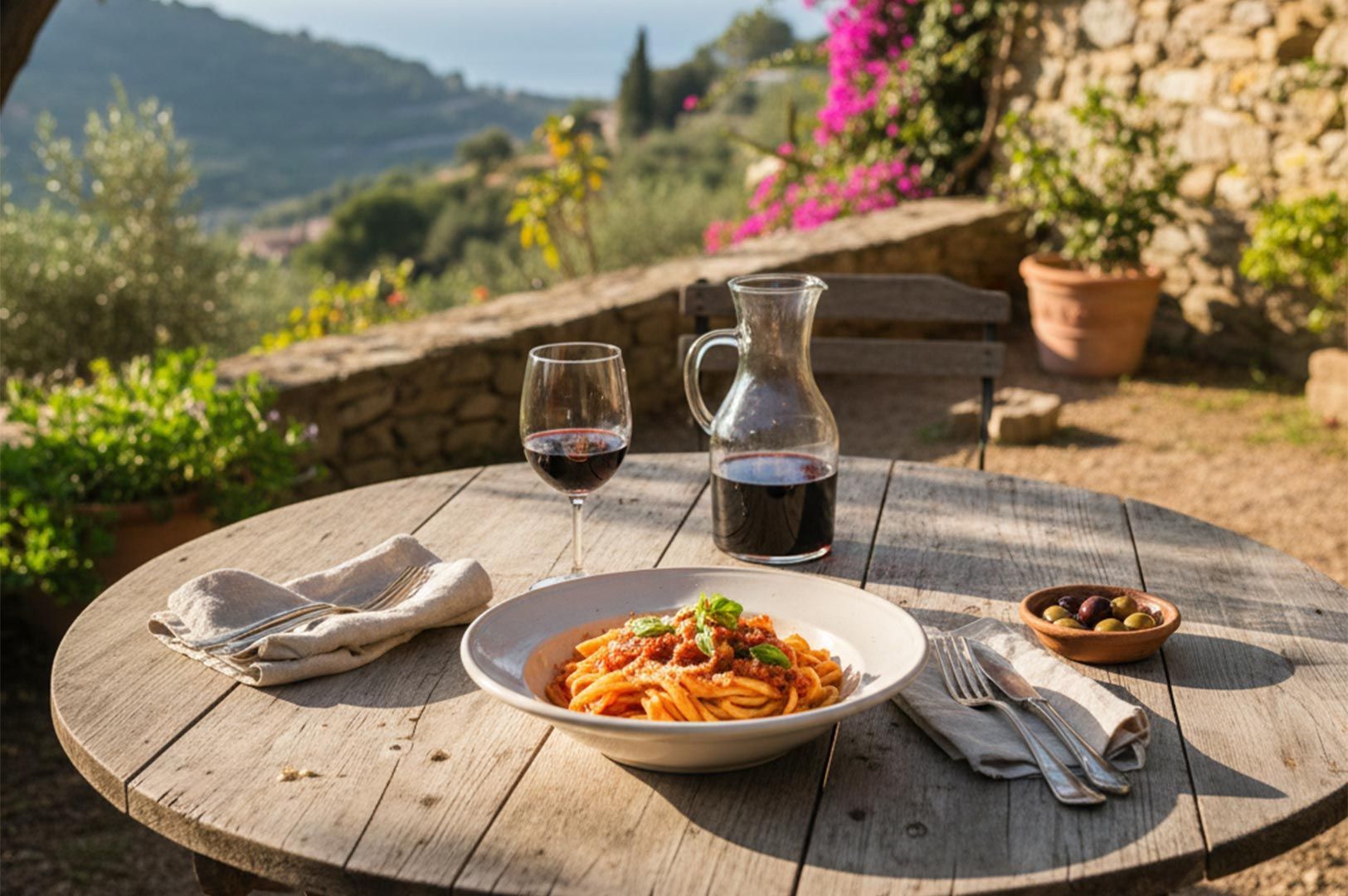 A plate of spaghetti with tomato sauce and fresh basil on a rustic wooden table overlooking the hill