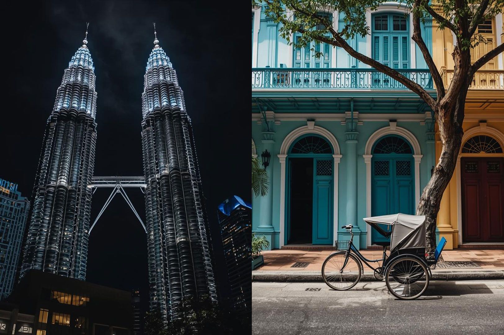 A split image showing the illuminated Petronas Twin Towers at night on the left