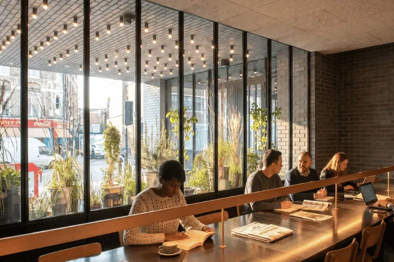 A modern, warm-toned London indoor workspace and waiting area with a long wooden desk where people a