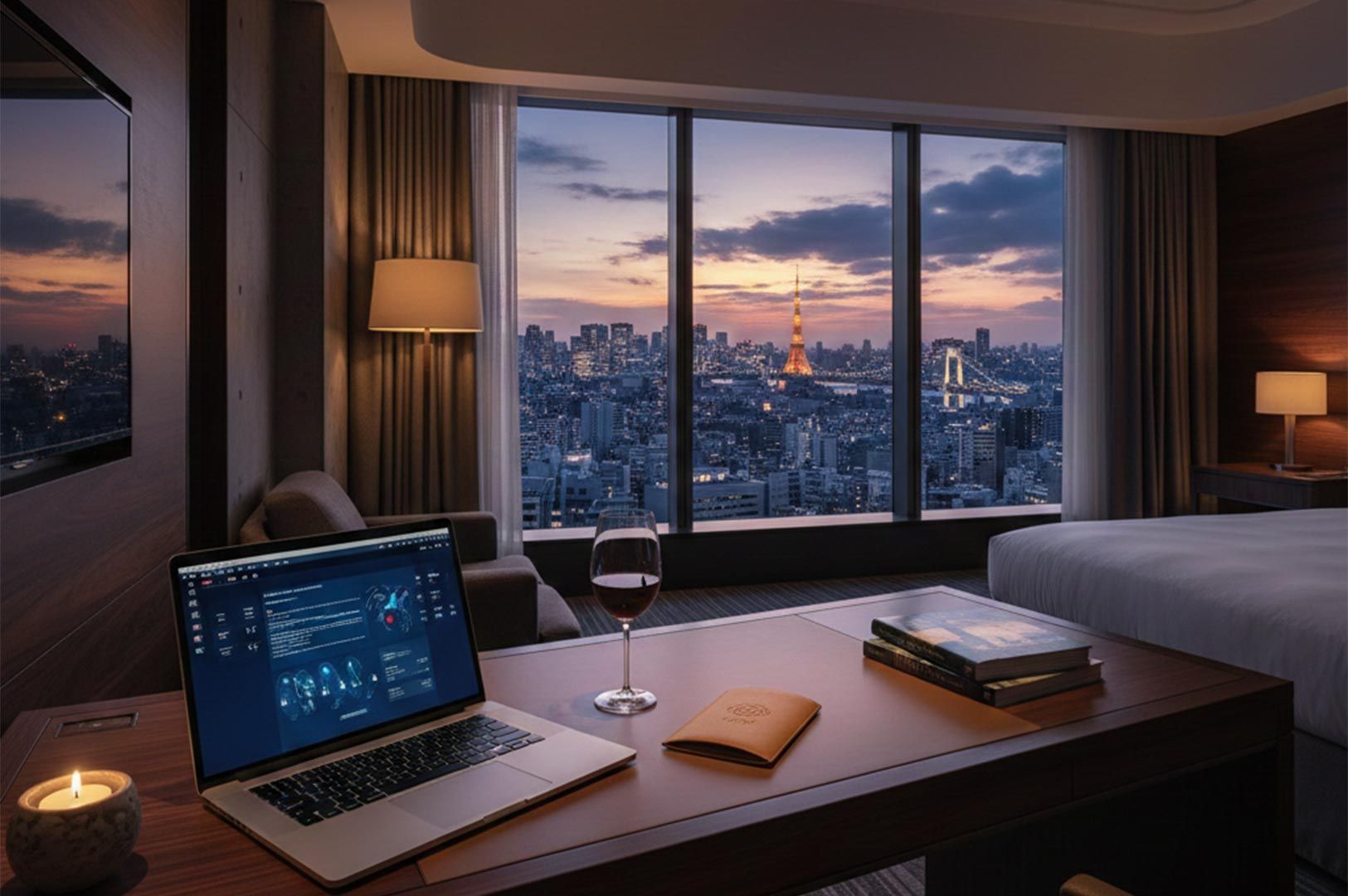 A view from a luxury hotel room at dusk featuring a desk with a laptop displaying data, a glass of r