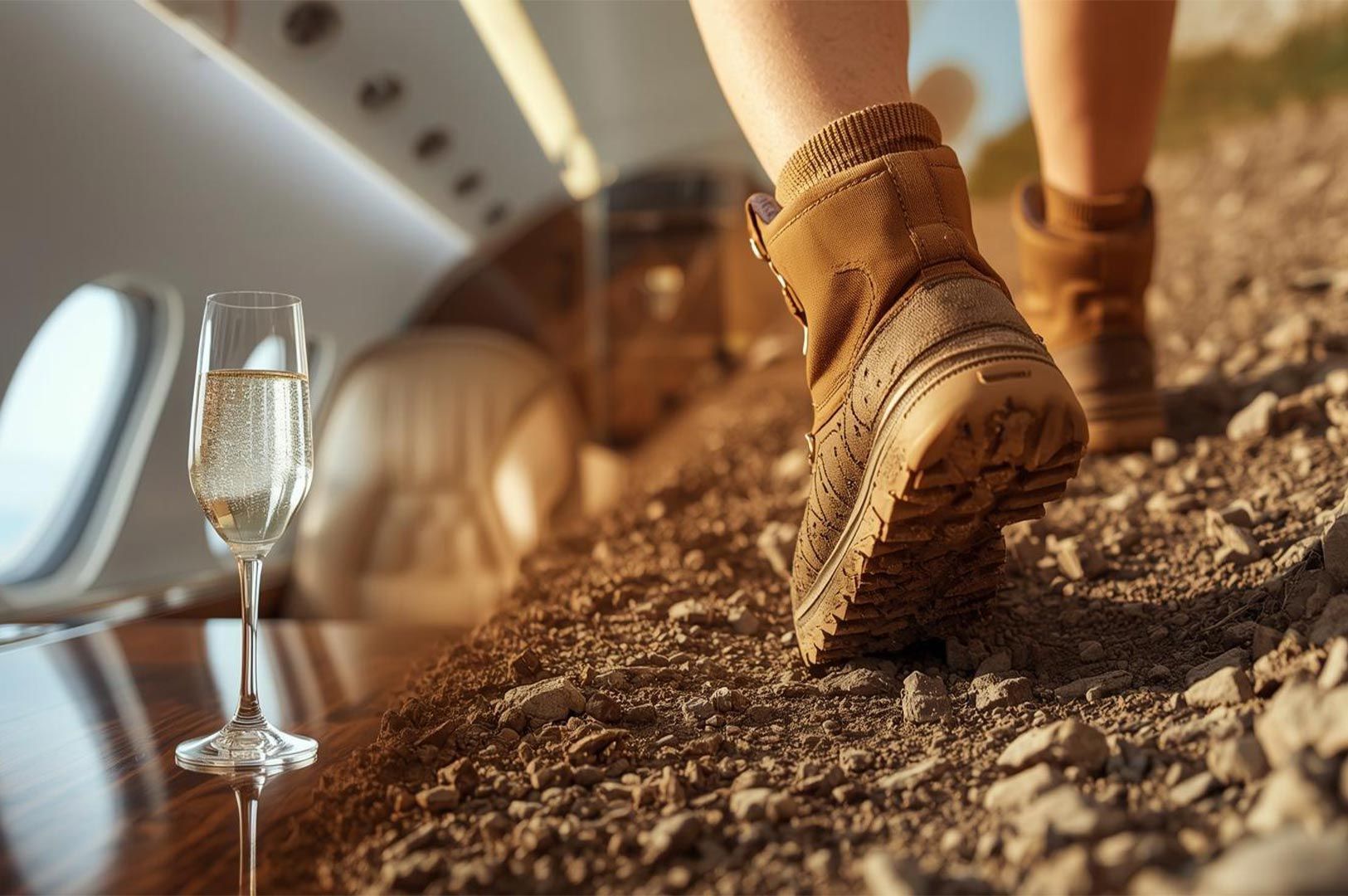 A split-screen composition showing a glass of champagne on a luxury private jet table alongside hiki