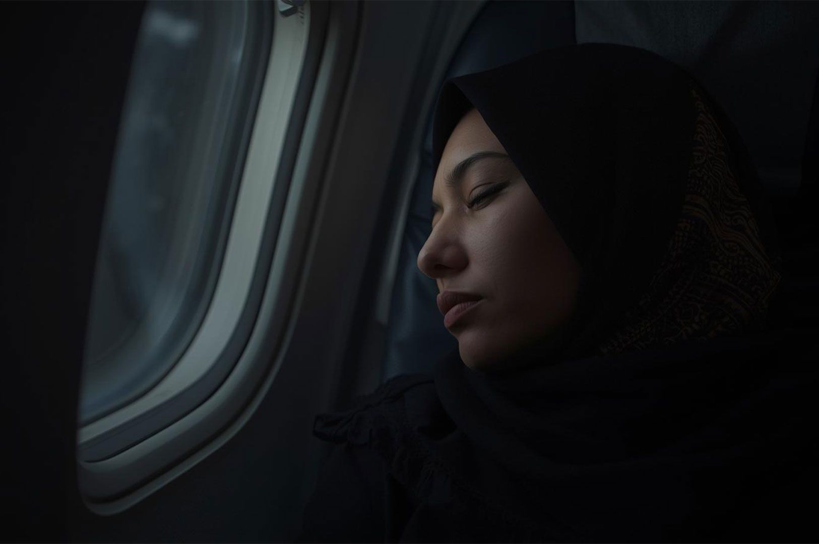Close-up, moody shot of a young Muslim woman wearing a black hijab, sleeping peacefully next to an airplane window during a long-haul flight.