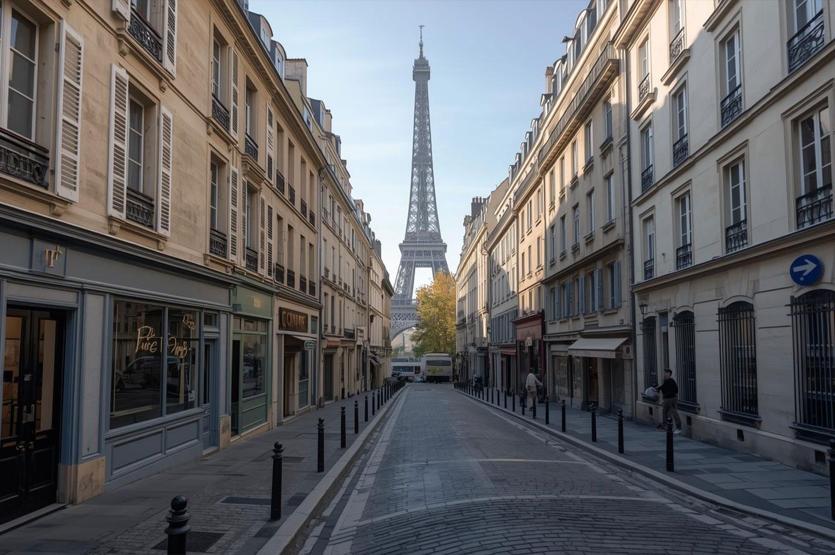 A cobblestone street lined with classic Parisian buildings, leading toward the Eiffel Tower visible 