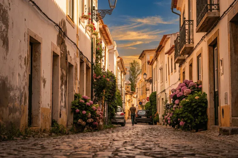 A low-angle view of a quiet, uneven cobblestone street in a historic town. Weathered white buildings