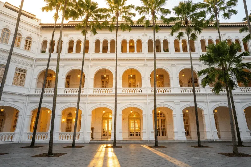The grand, white colonial exterior of a luxury hotel surrounded by tall palm trees, bathed in warm,