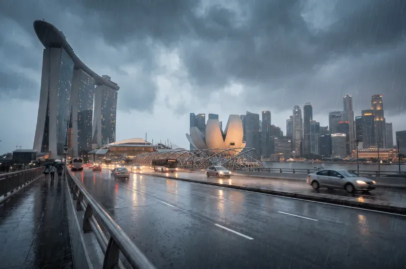 Traffic moving along a wet, reflective bridge in Singapore during a heavy rainstorm, with dark storm