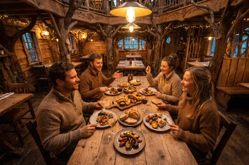 Four friends laughing and sharing a hearty meal at a rustic wooden table inside a cozy, treehouse-in