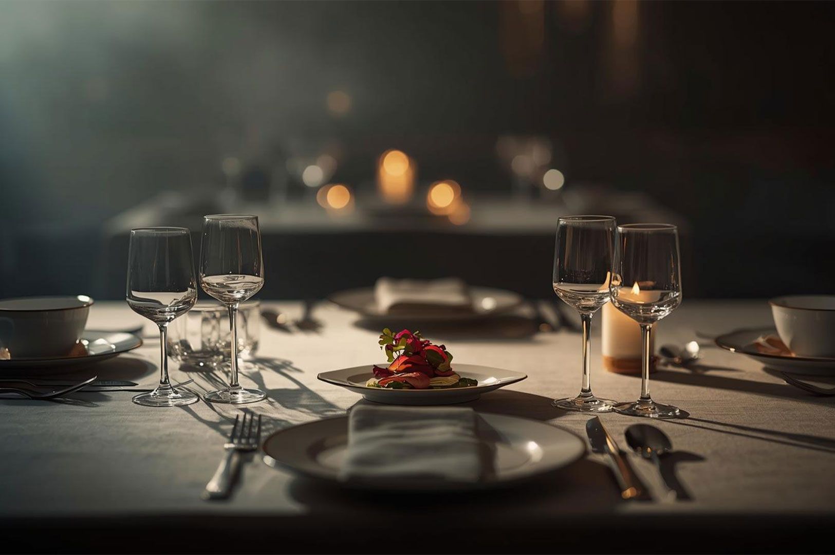 A dark, moody, and romantic fine dining table setting with white tablecloths, crystal wine glasses, and a small, elegantly plated appetizer, lit by soft candlelight.