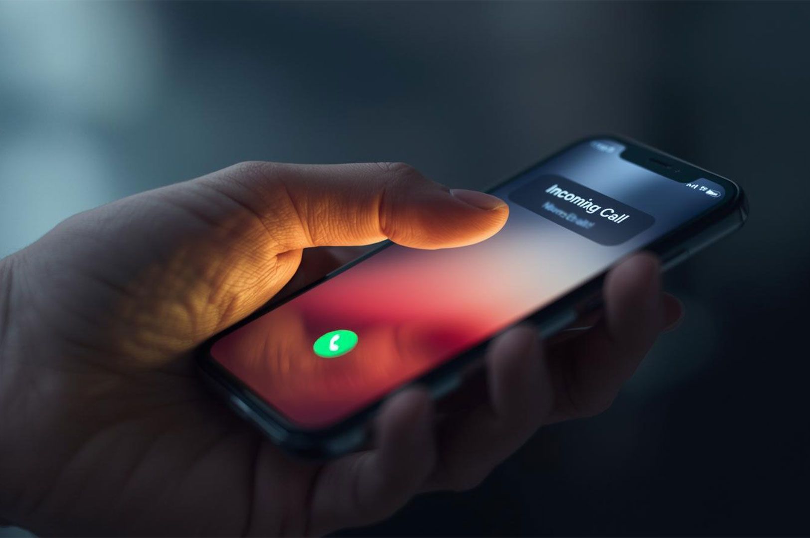 A close-up of a hand holding a smartphone in a dimly lit environment, displaying an incoming call notification screen with a glowing green answer button.