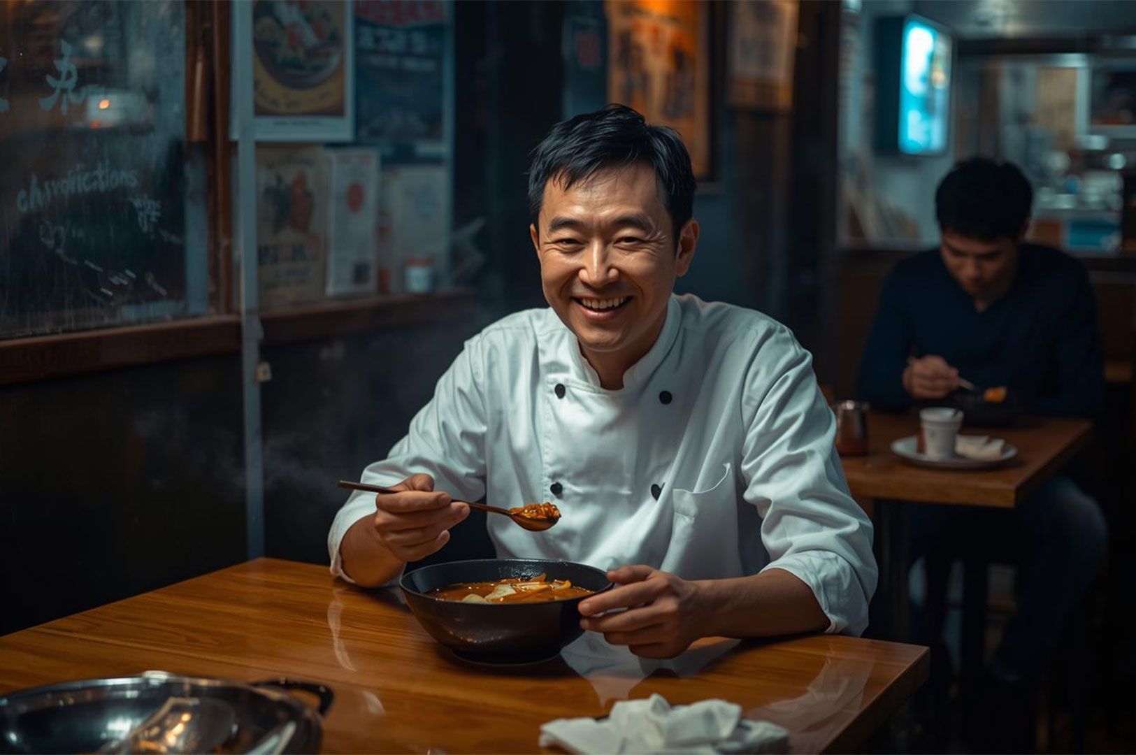 A portrait of a smiling chef in a white uniform seated at a dark wooden table, holding a spoon over a bowl of soup, enjoying a meal in a dimly lit Asian restaurant after work.