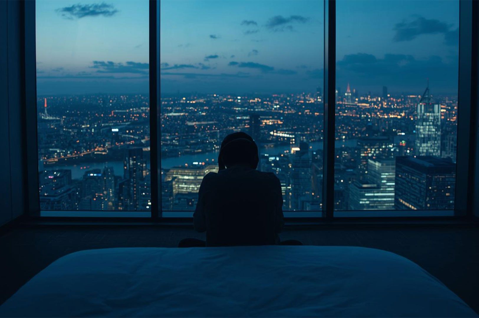 Silhouette of a person sitting on a bed, looking out large hotel windows at a sprawling, illuminated city skyline at twilight or night.