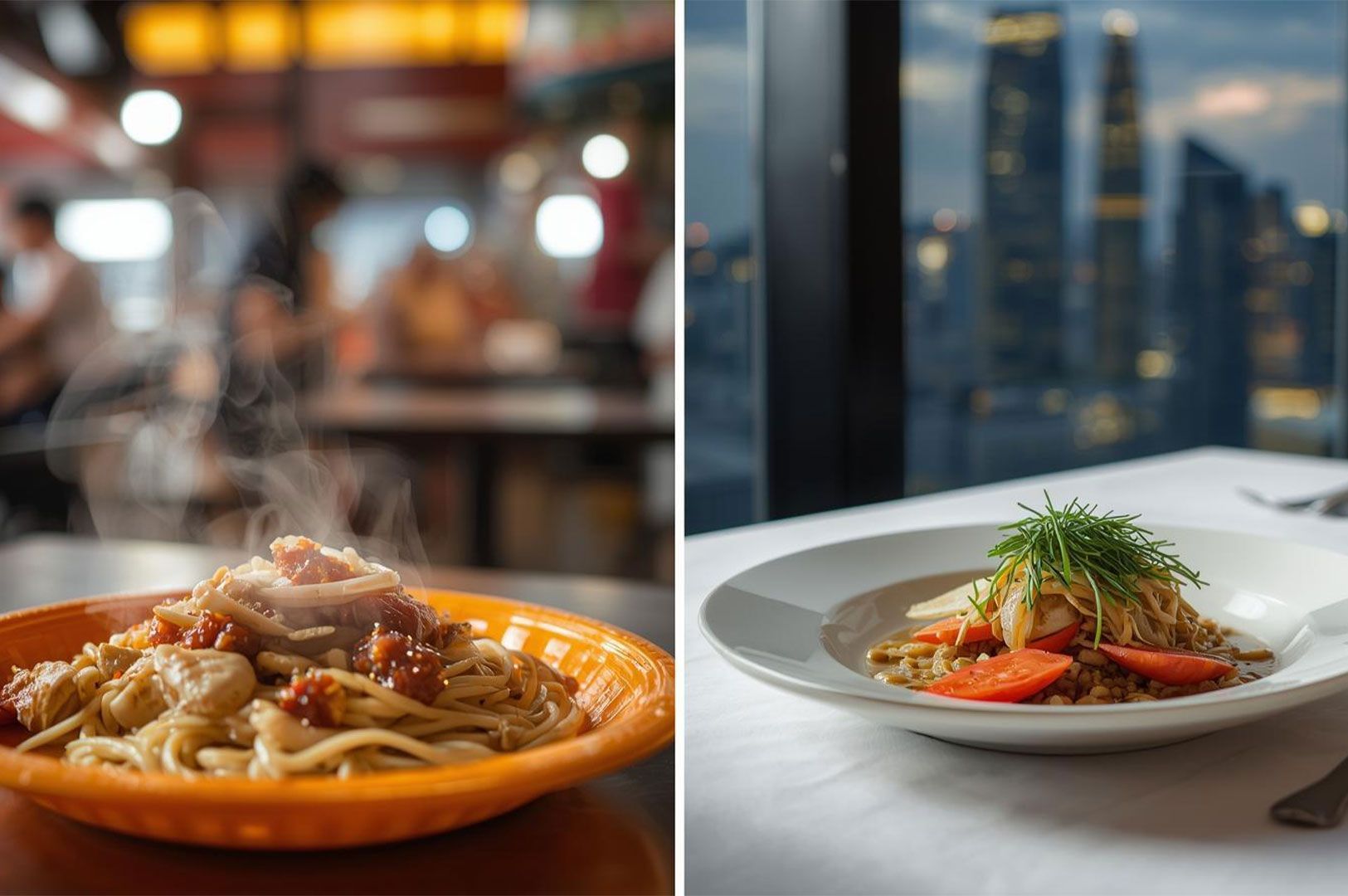Split image: Left shows a steaming bowl of noodles on an orange plate in a busy, casual setting. 