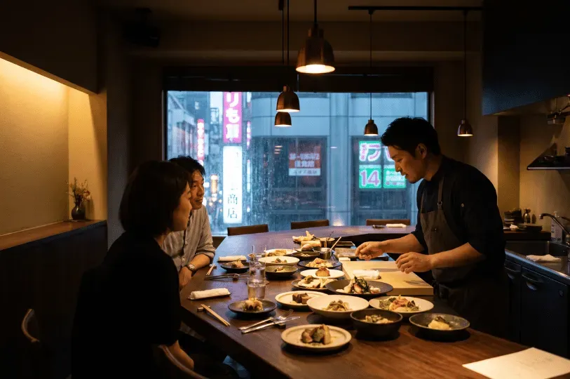 A chef actively prepares a meal behind an intimate, curved wooden counter for a couple seated across