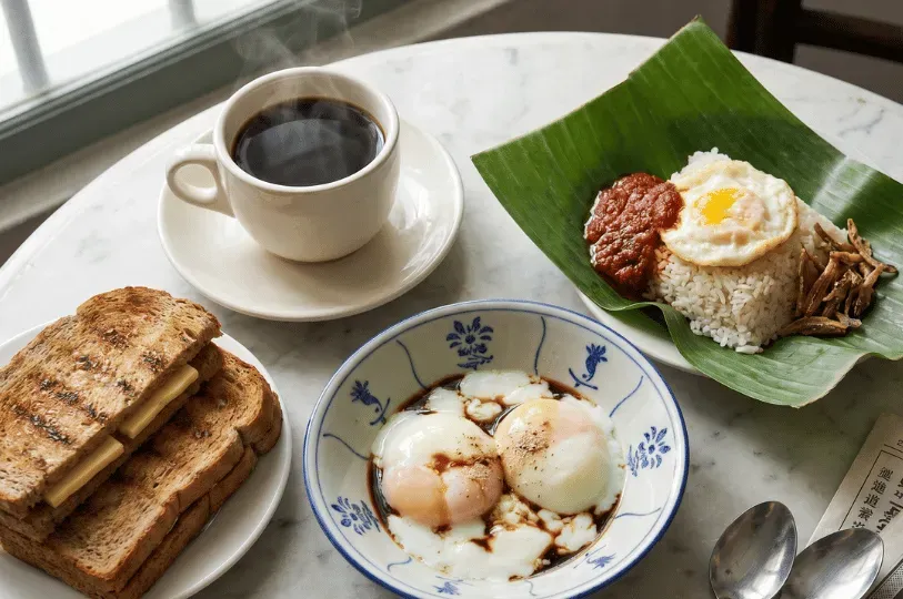 A marble cafe table featuring a traditional Southeast Asian breakfast spread, including toasted brea