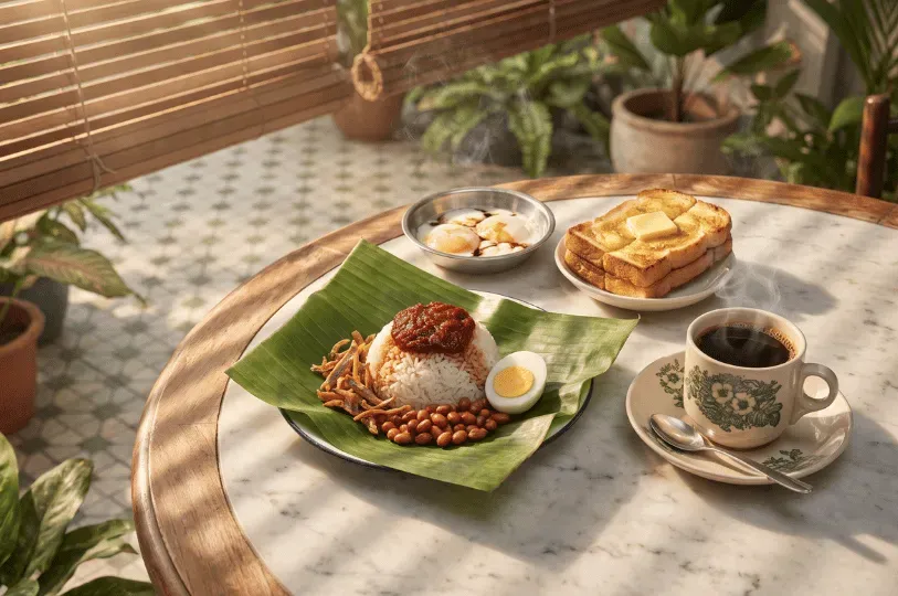 A sunlit flat lay of a Southeast Asian breakfast on a marble table. It features Nasi Lemak, kaya toa