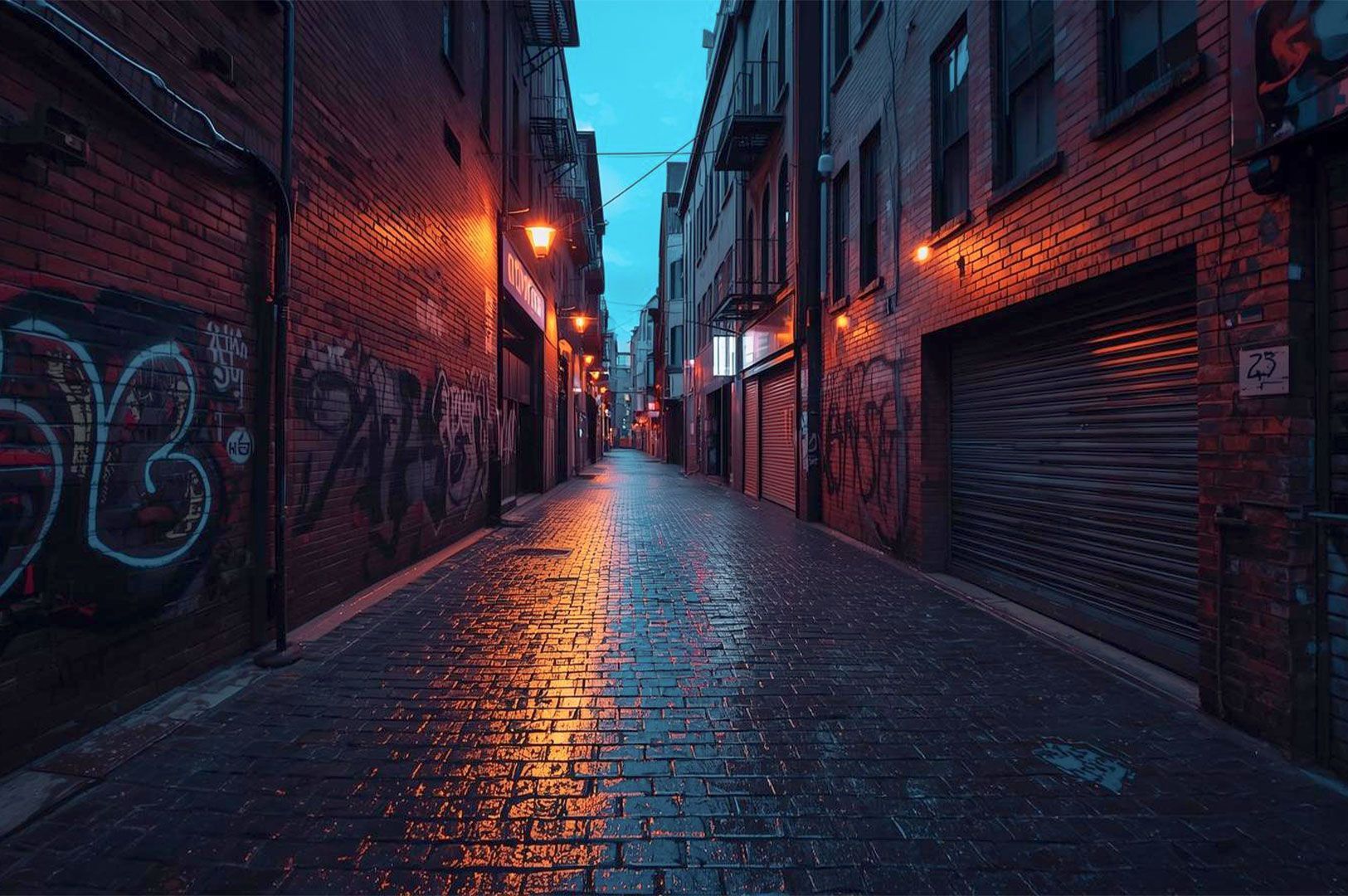 Empty urban laneway with brick walls and graffiti illuminated by warm street lights reflecting on th