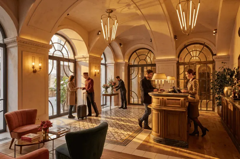 A warmly lit, elegant hotel lobby bathed in golden sunlight streaming through classic arched glass d