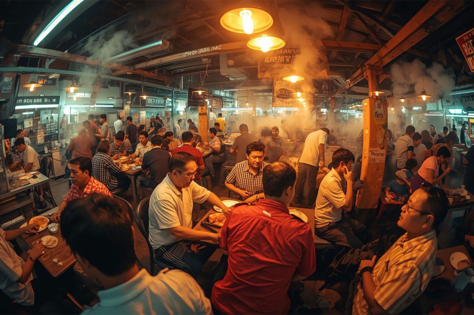 A wide-angle shot of a crowded, indoor Asian hawker or street food market, with patrons sitting at tables, steam rising from cooking areas, and warm overhead lighting.
