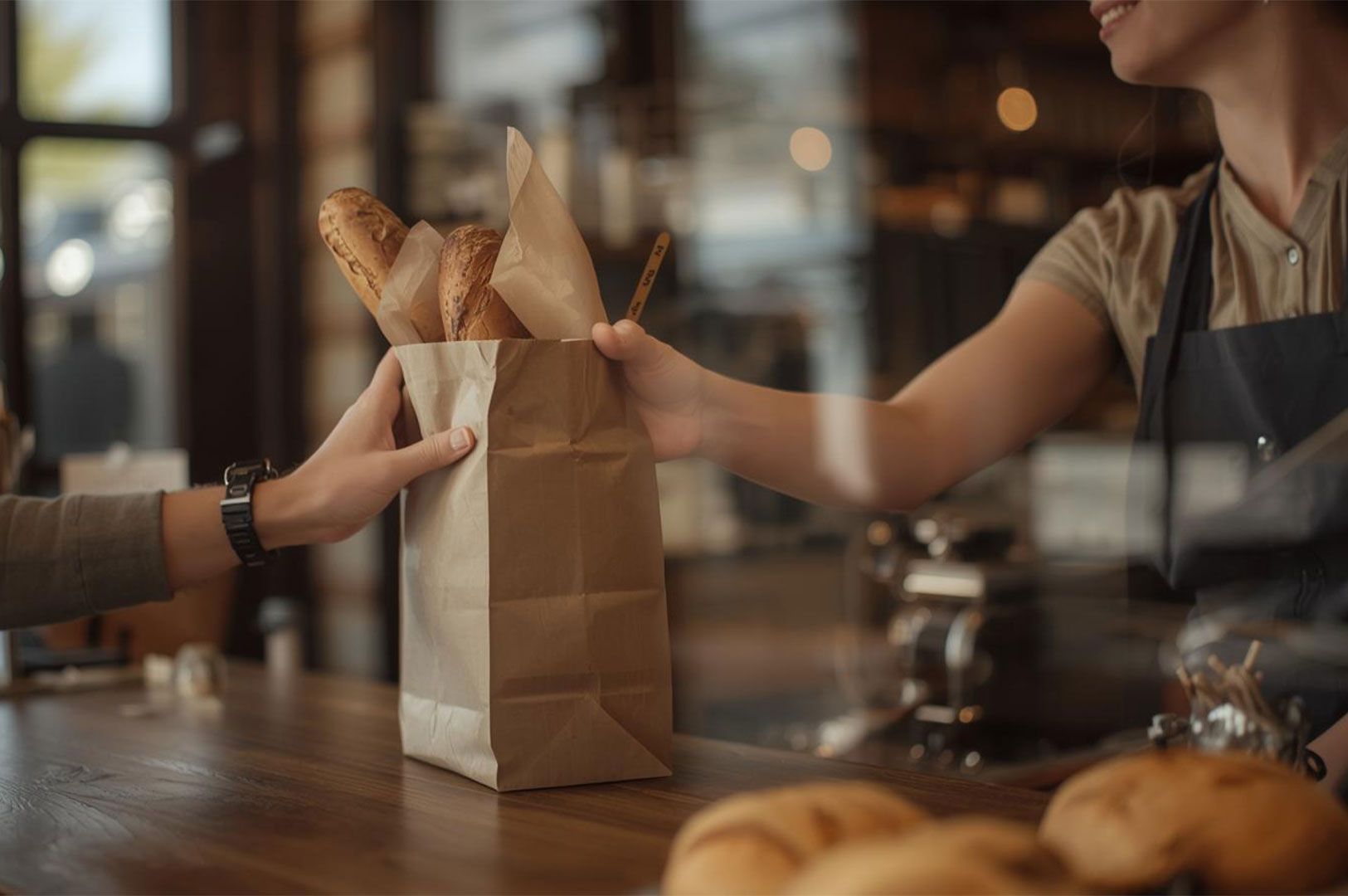 A baker or cashier, wearing an apron, hands a customer a brown paper bag filled with fresh baguettes across a bakery counter.