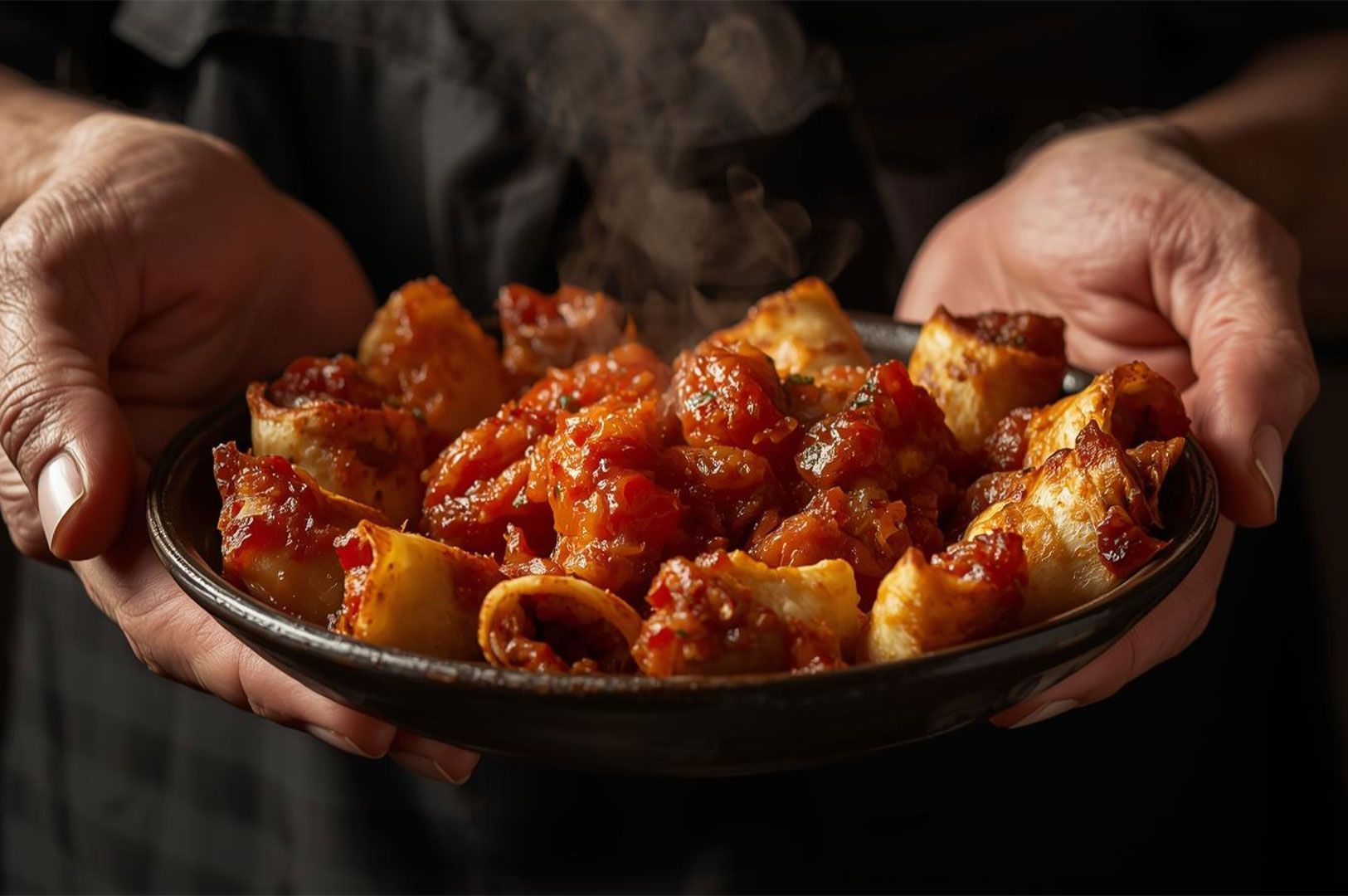 Close-up of hands holding a dark bowl filled with small Turkish manti (dumplings) and a generous portion of steaming, bright red tomato and meat sauce.