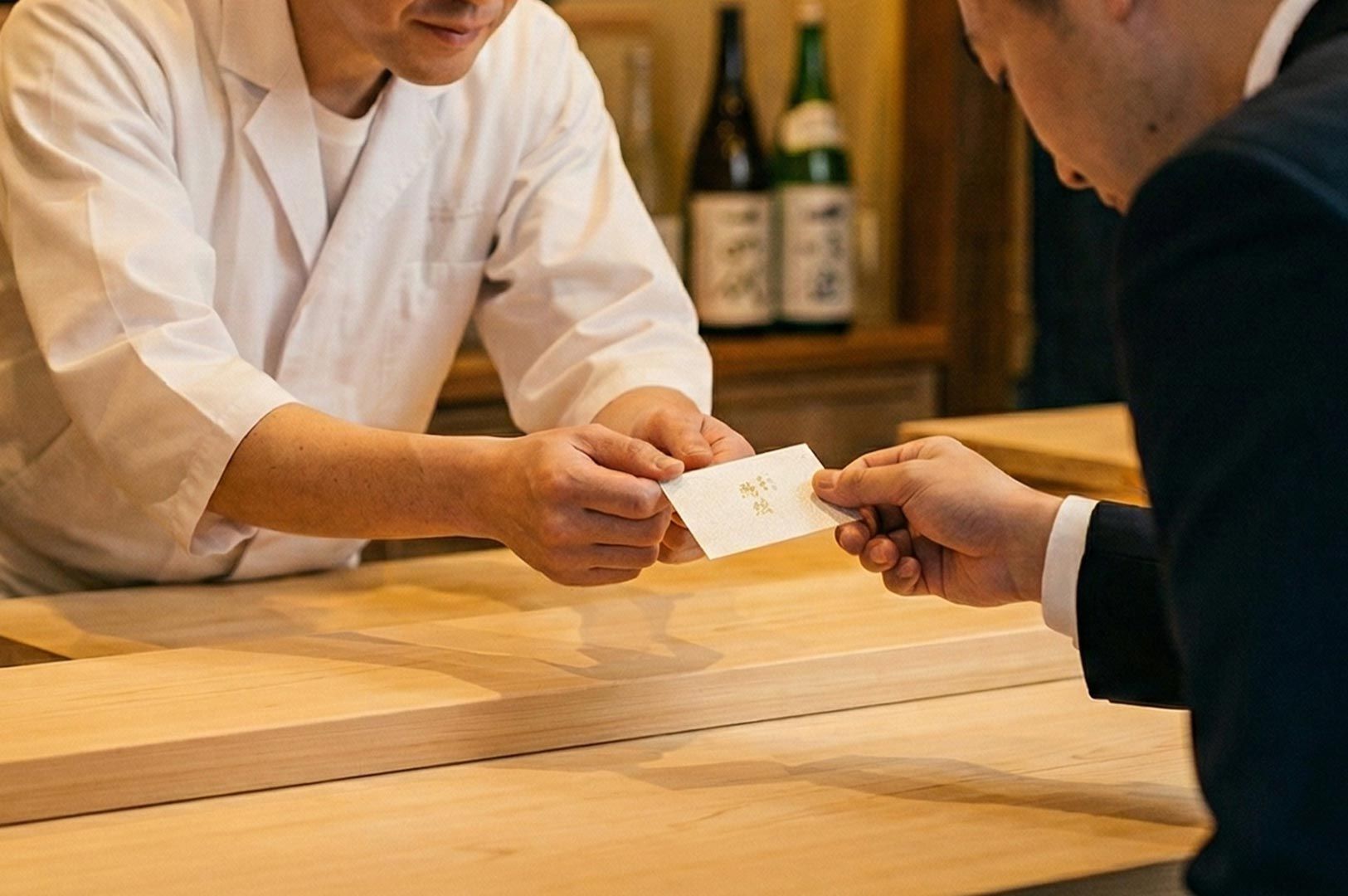 Close-up of a sushi chef in a white uniform exchanging a business card (meishi) with a guest using traditional two-handed Japanese etiquette..