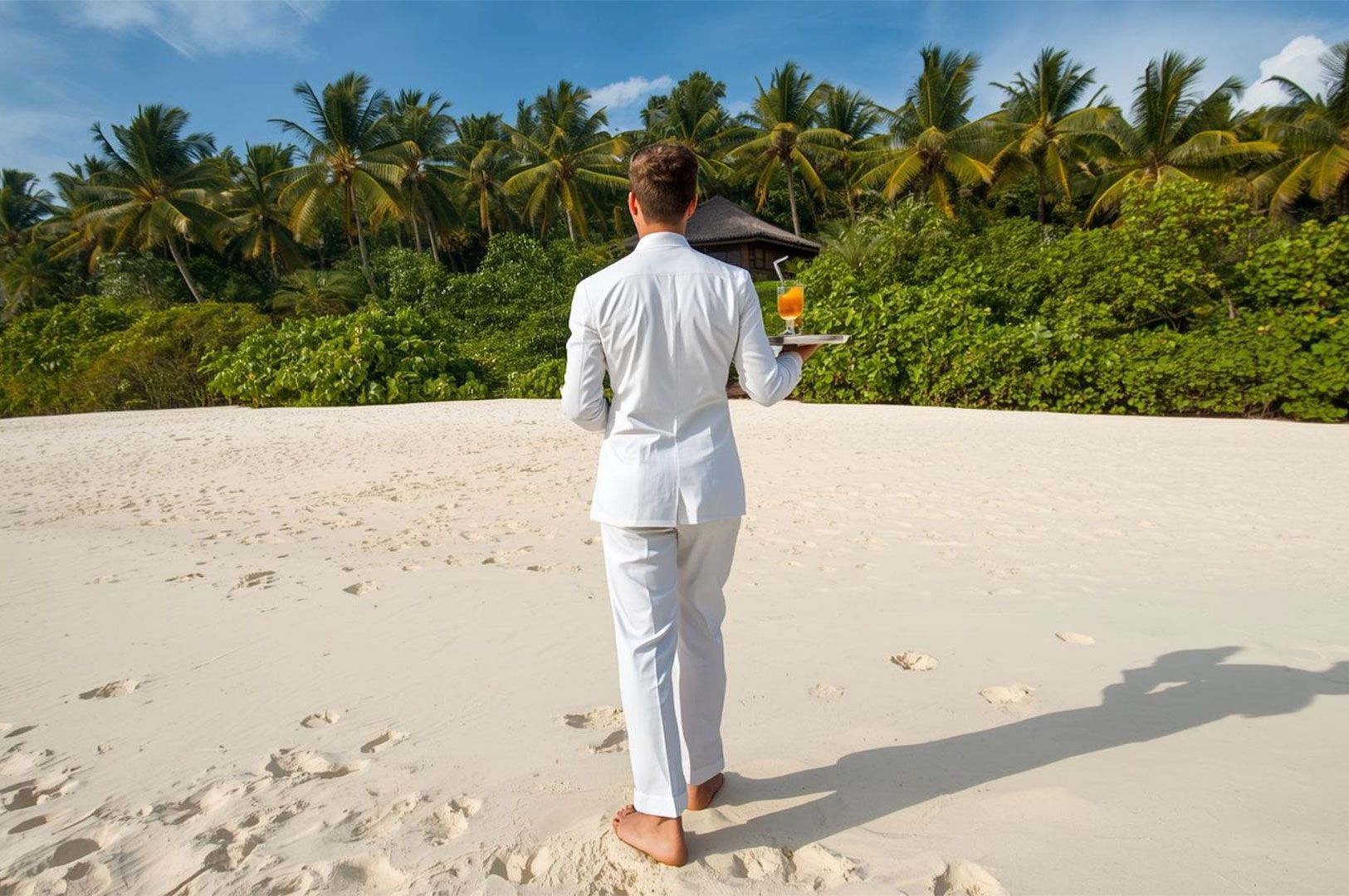 A waiter dressed in a white suit carrying a serving tray with an orange cocktail, walking across a sandy beach towards a tropical resort surrounded by palm trees.