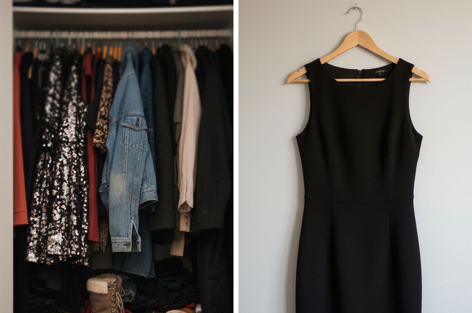 A split image showing a full closet containing various textures and jackets on the left, contrasted with a single sleeveless black dress hanging on a wooden hanger against a white wall on the right.